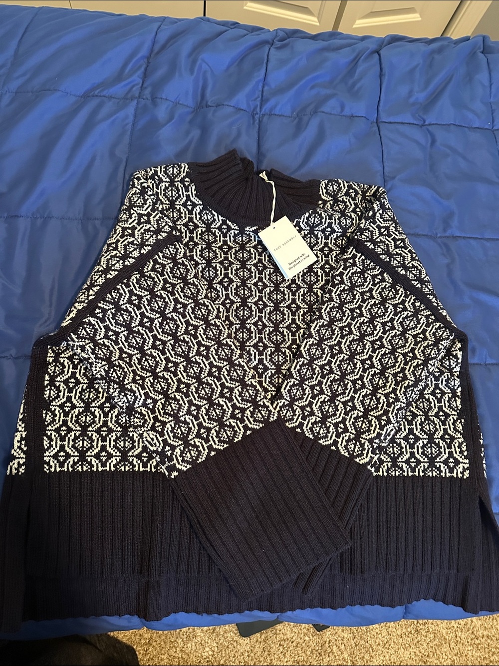 Navy and White Patterned Cowl Sweater Free Assembly XXL